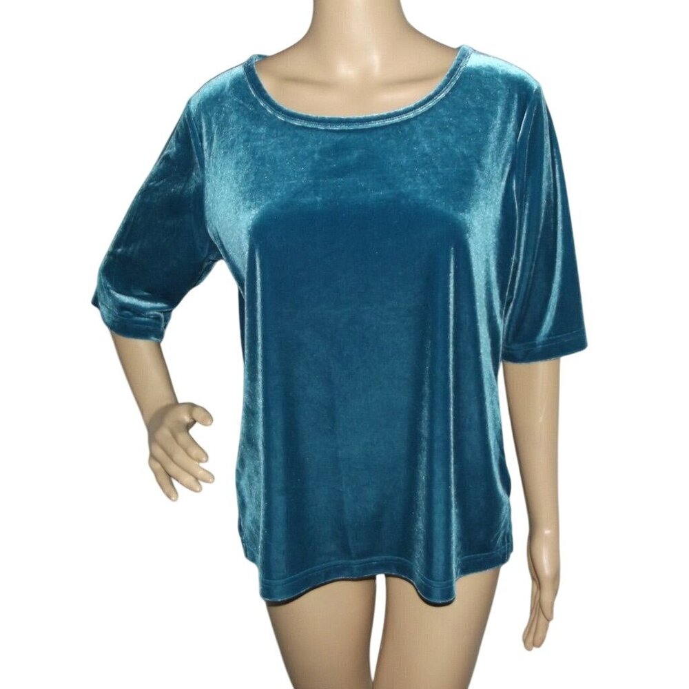 Christopher & Banks Top Womens XL teal green velvet shirt (elbow sleeves)